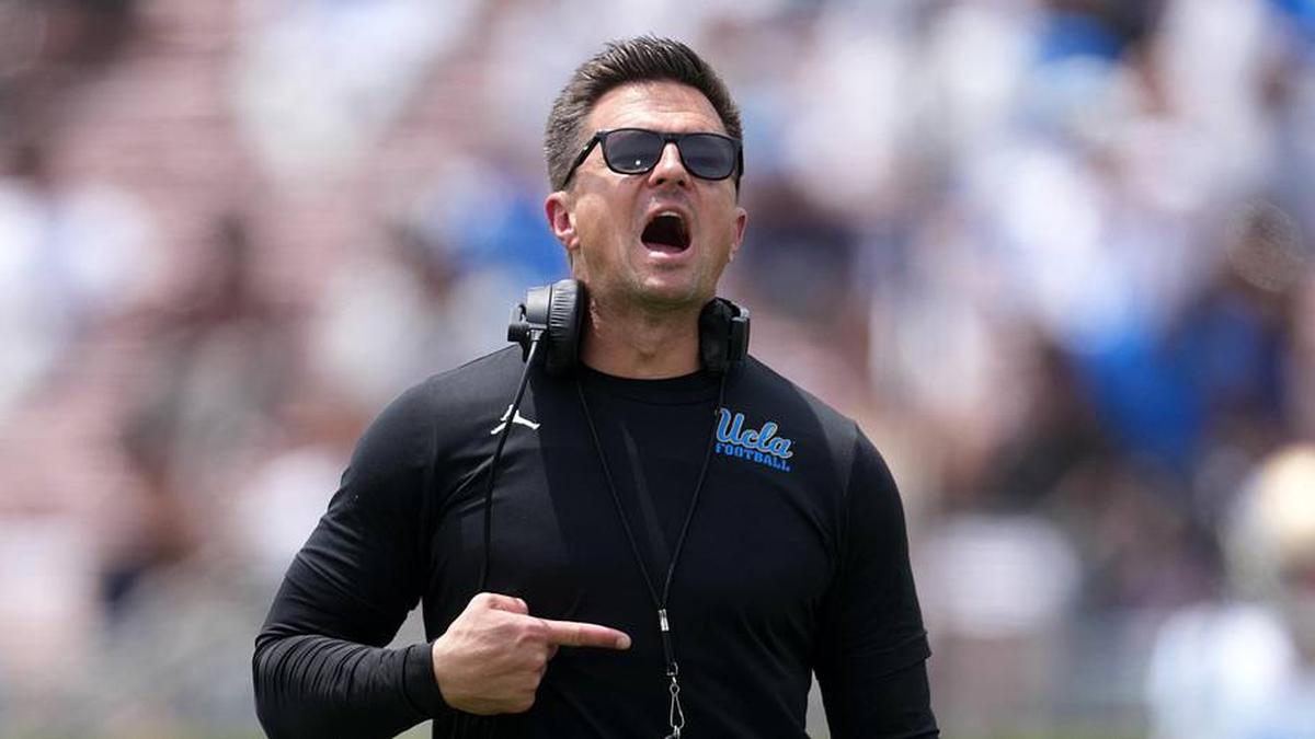  May 2, 2026; Pasadena, CA, USA; UCLA Bruins coach Bob Chesney reacts during the spring game at Rose Bowl. Mandatory Credit: Kirby Lee-Imagn Images | Kirby Lee-Imagn Images 