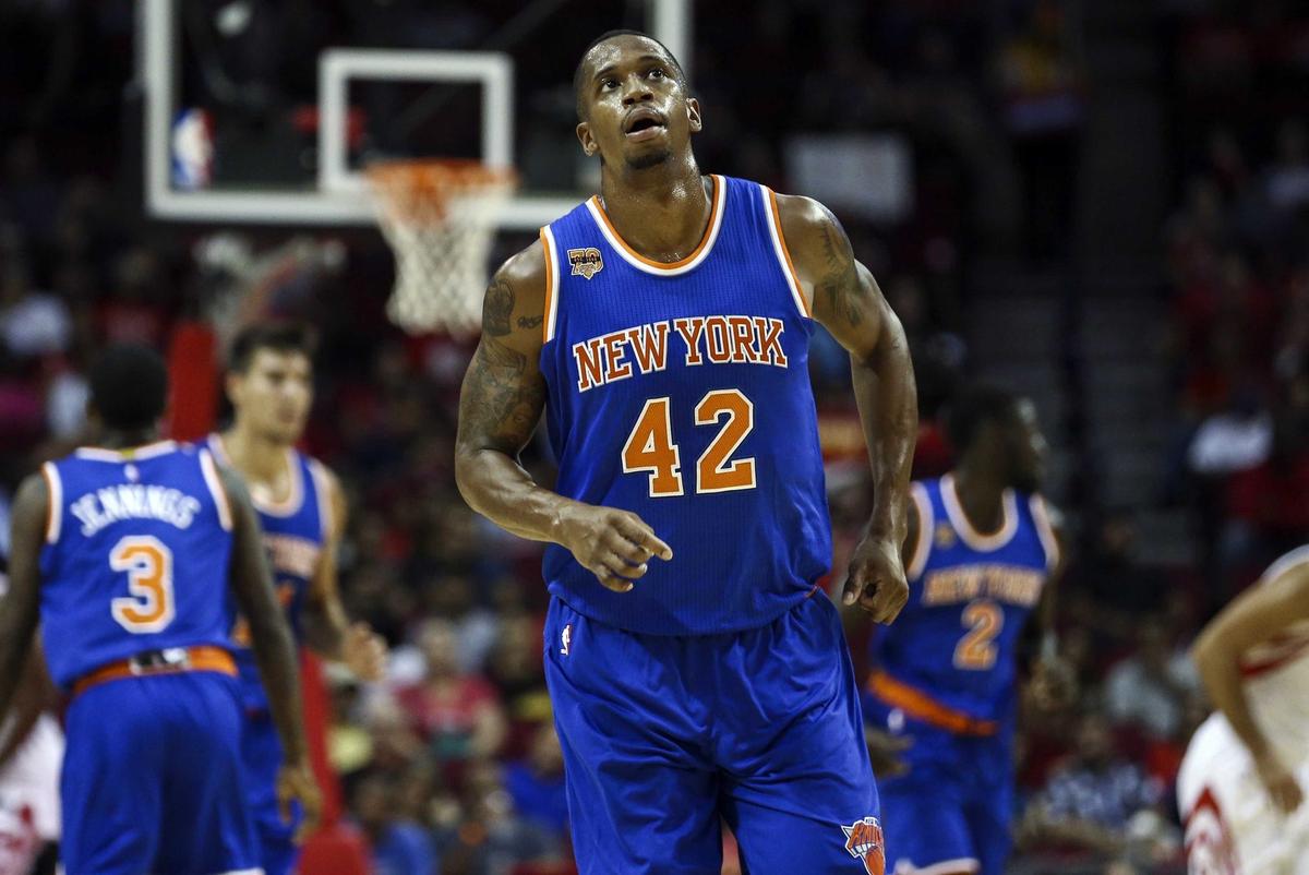 Oct 4, 2016; Houston, TX, USA; New York Knicks forward Lance Thomas (42) looks up after a play during the first half against the Houston Rockets at Toyota Center. Mandatory Credit: Troy Taormina-USA TODAY Sports