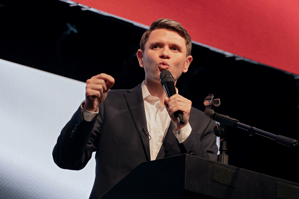  Texas state Representative James Talarico speaks at a rally in Houston on May 27, 2026. 
