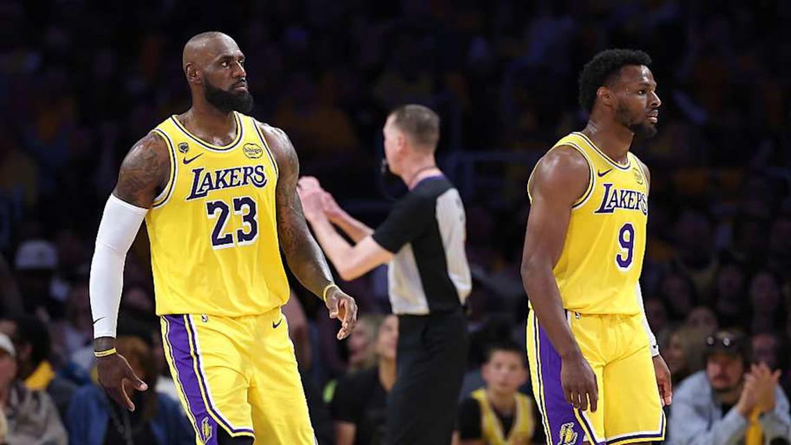  LeBron James and Bronny James are LA Lakers teammates. | Sean M. Haffey/Getty Images 