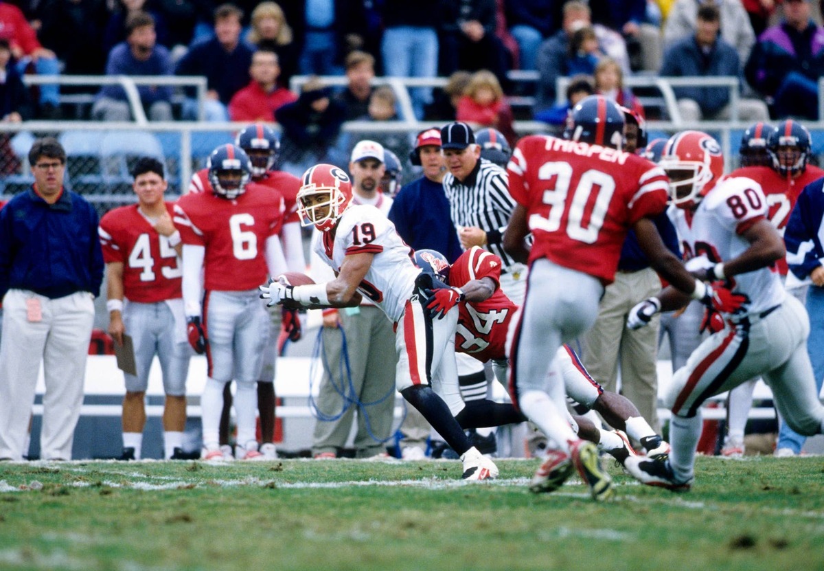  Georgia Bulldogs wide receiver Hines Ward fighting for extra yards against the Mississippi Rebels at Vaught-Hemingway Stadium. RVR Photos-USA TODAY Sports
