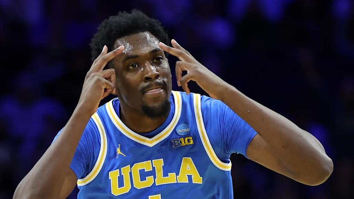  Mar 22, 2026; Philadelphia, PA, USA; UCLA Bruins center Xavier Booker (1) reacts against the UConn Huskies in the first half during a second round game of the men's 2026 NCAA Tournament at Xfinity Mobile Arena. Mandatory Credit: Bill Streicher-Imagn Images | Bill Streicher-Imagn Images 