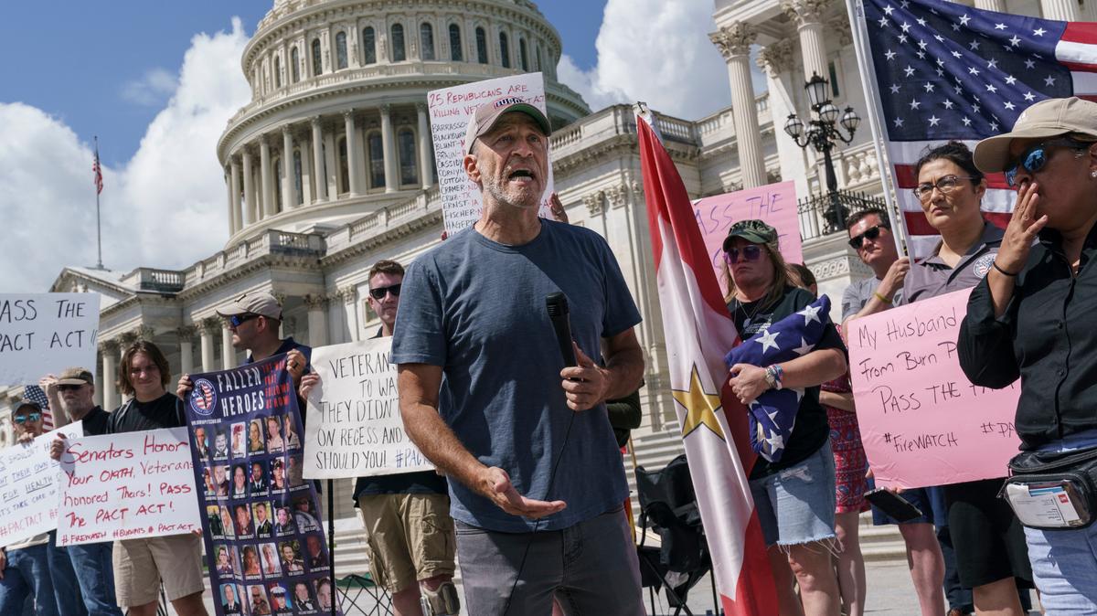 Veterans and advocates, along with activist Jon Stewart, called for Senate Republicans to change their votes on a veterans healthcare bill at the Capitol in Washington on Aug. 1.