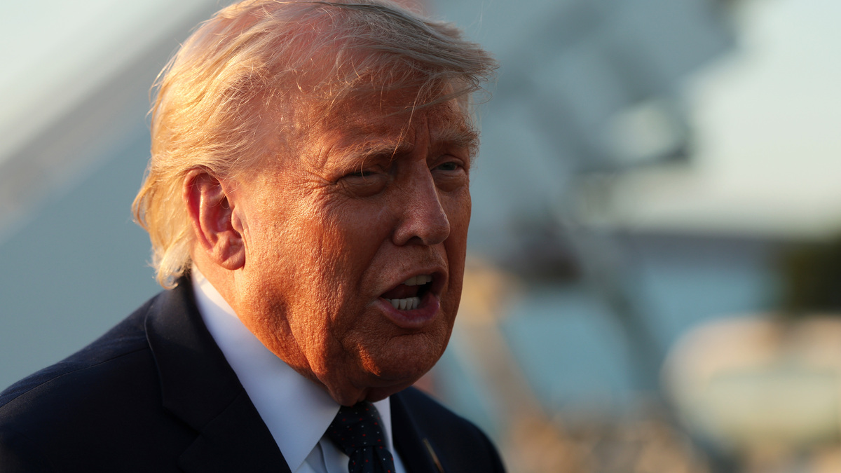 President Trump Dines With Macron At Versailles Following G7 Summit. ORLY, FRANCE - JUNE 17: U.S. President Donald Trump speaks to reporters as he arrives at Orly Airport to attend a dinner with French President Emmanuel Macron at Chateau de Versailles on June 17, 2026 in Orly, France. The dinner followed the conclusion of this week's Group of 7 (G7) summit in Evian, France. (Photo by Anna Moneymaker/Getty Images)