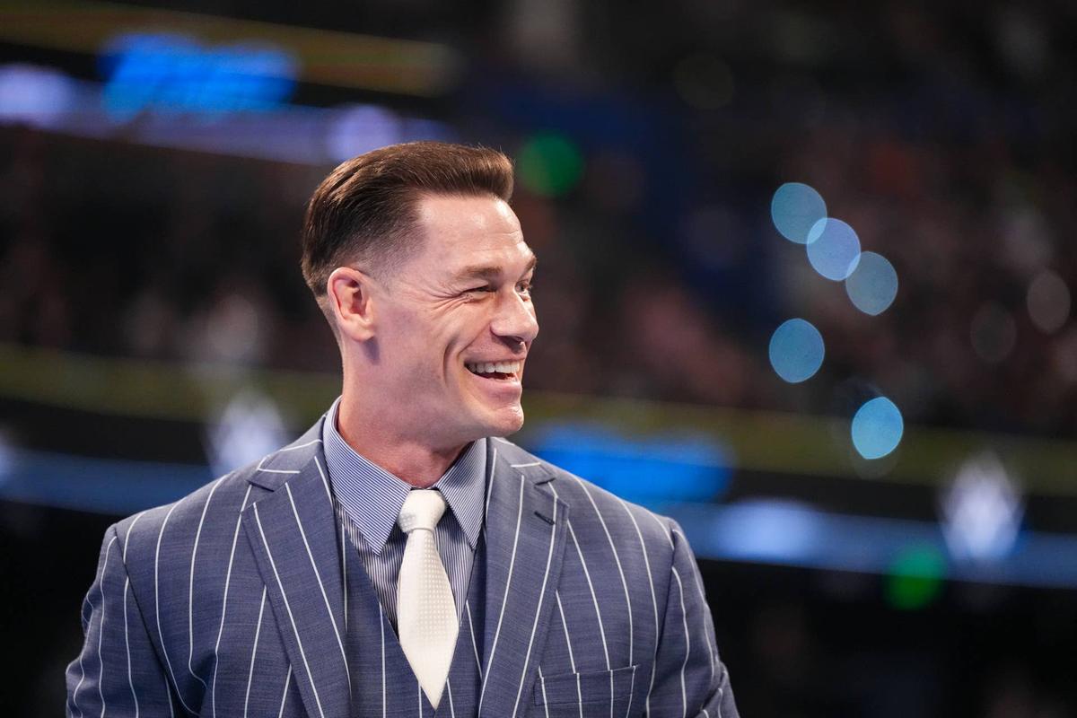  TAMPA, FLORIDA - MAY 9: John Cena smiles during WWE Backlash at Benchmark International Arena on May 9, 2026 in Tampa, Florida. (Photo by Michael Owens/WWE via Getty Images)