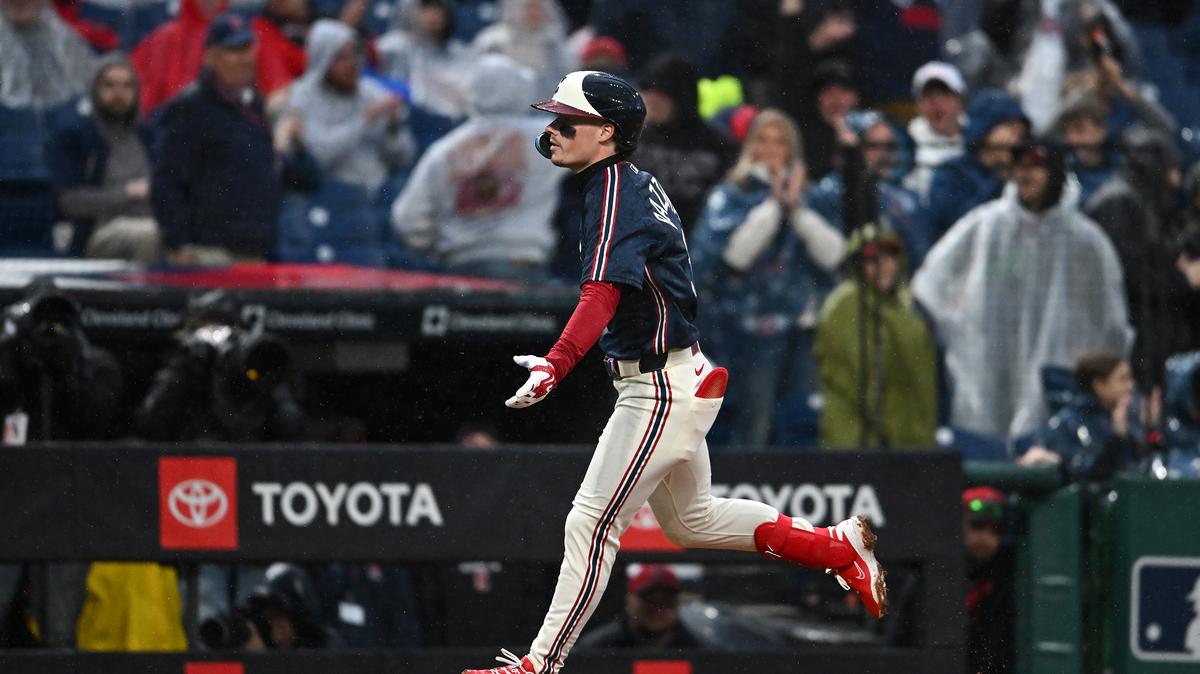 Travis Bazzana #37 of the Cleveland Guardians runs the bases after hitting a two-run home run for his first Major League home run during the first inning against the Minnesota Twins at Progressive Field on May 8, 2026, in Cleveland, Ohio. (Nick Cammett/Getty Images/TNS)