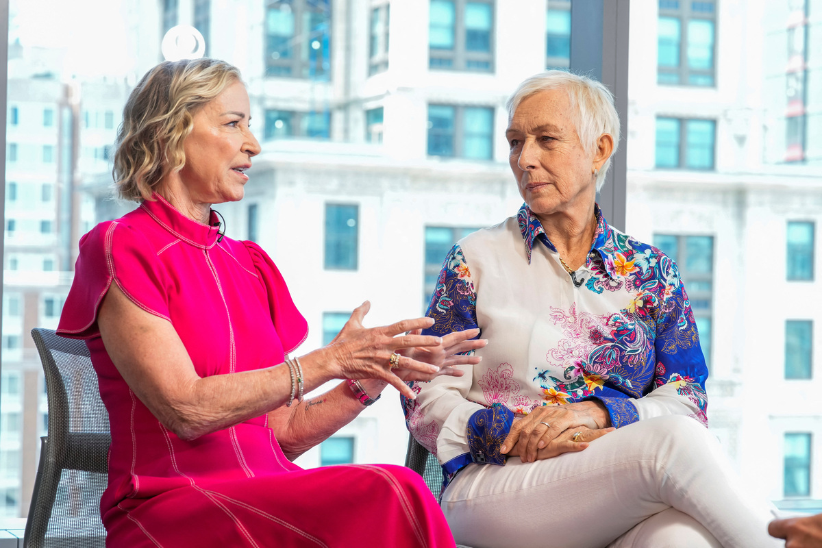 Tennis legends Chris Evert and Martina Navratilova speak during an interview with Reuters in New York City, U.S., June 10, 2026. REUTERS/Eduardo Munoz