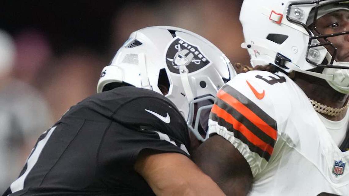  Nov 23, 2025; Paradise, Nevada, USA; Las Vegas Raiders safety Jeremy Chinn (11) tackles Cleveland Browns wide receiver Jerry Jeudy (3) in the first half at Allegiant Stadium. Mandatory Credit: Kirby Lee-Imagn Images | Kirby Lee-Imagn Images 