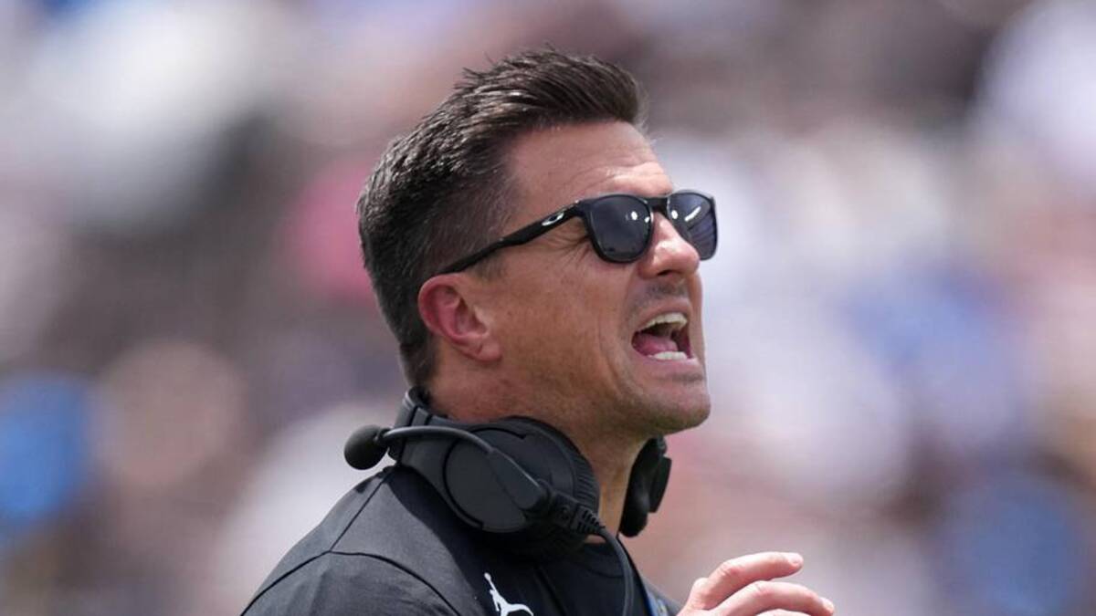  May 2, 2026; Pasadena, CA, USA; UCLA Bruins coach Bob Chesney reacts during the spring game at Rose Bowl. Mandatory Credit: Kirby Lee-Imagn Images | Kirby Lee-Imagn Images 