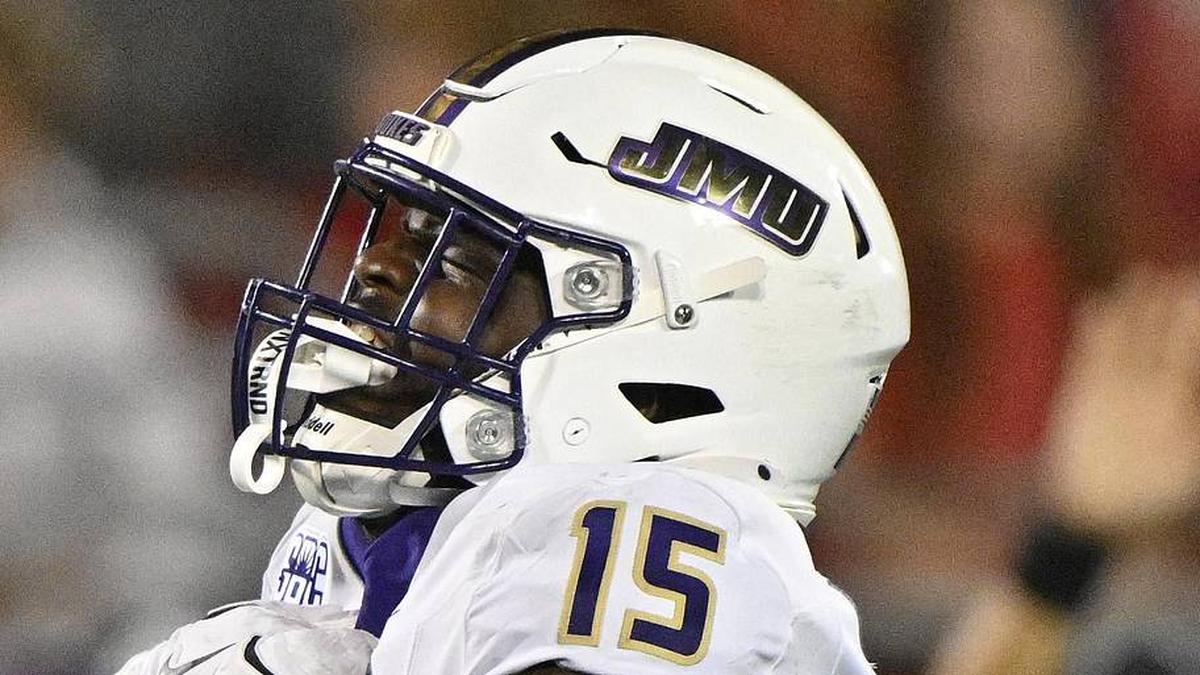  Sep 5, 2025; Louisville, Kentucky, USA; James Madison Dukes defensive end Sahir West (15) reacts during the second half against the Louisville Cardinals at L&N Federal Credit Union Stadium. Mandatory Credit: Jamie Rhodes-Imagn Images | Jamie Rhodes-Imagn Images 