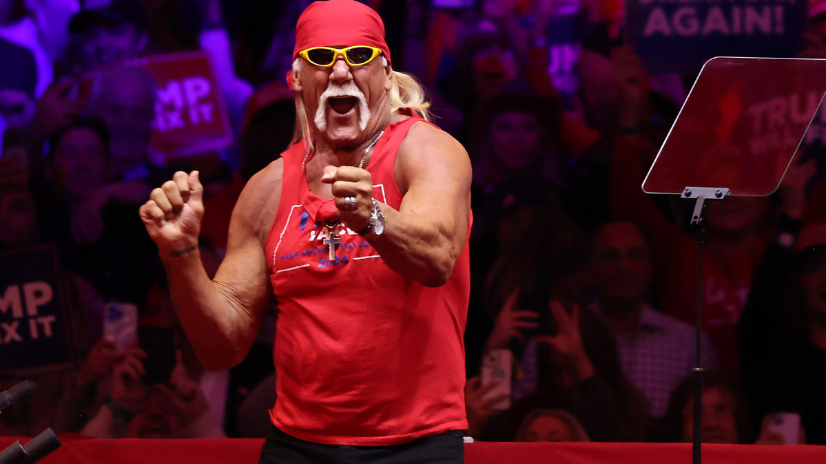 Former WWE wrestler Hulk Hogan dances during a campaign rally for Republican presidential nominee, former President Donald Trump, at Madison Square Garden on Oct. 27, 2024, in New York. (Michael M. Santiago/Getty Images/TNS)