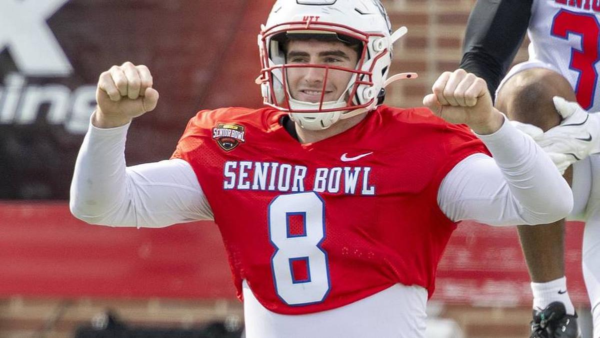  Jan 29, 2026; Mobile, AL, USA; National defensive end Cian Slone (8) of North Carolina State practices during National Senior Bowl practice at Hancock Whitney Stadium. Mandatory Credit: Vasha Hunt-Imagn Images | Vasha Hunt-Imagn Images 