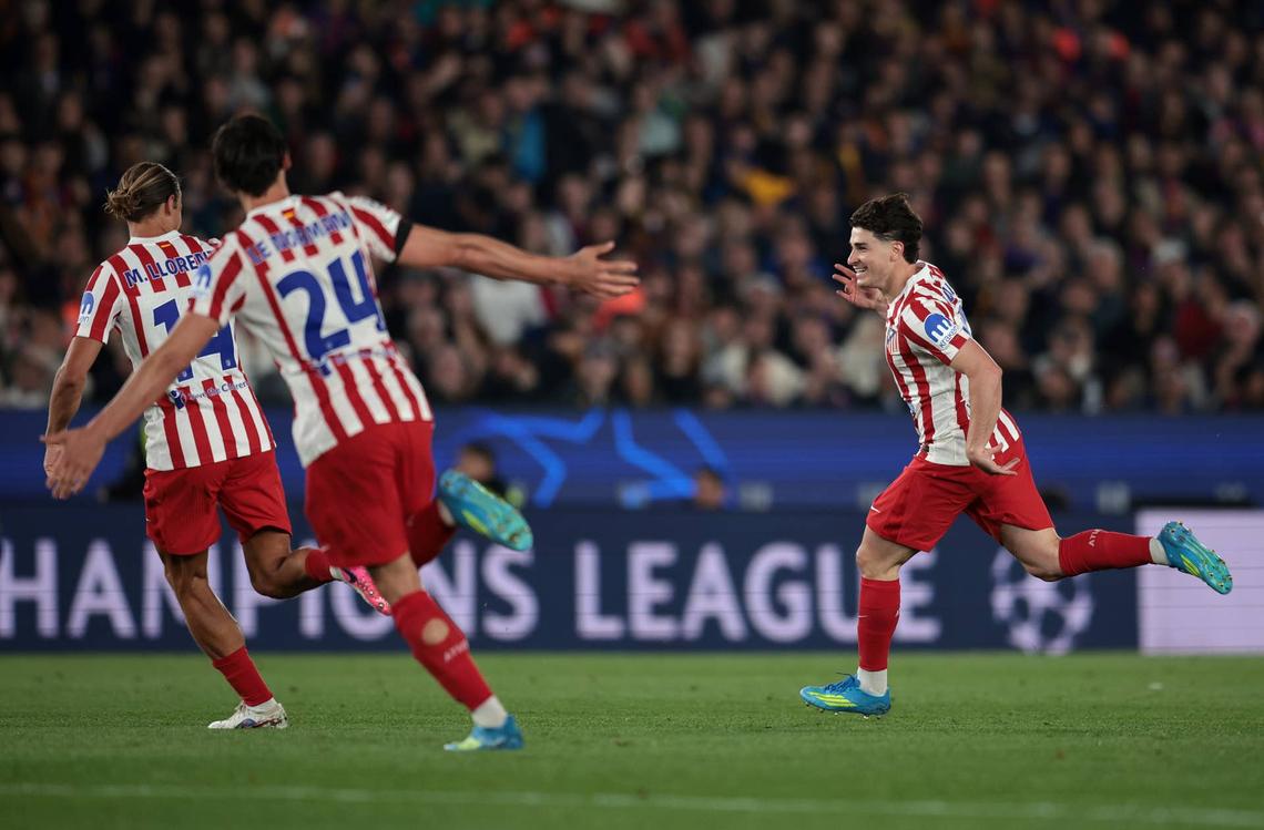  Julian Alvarez of Atletico de Madrid celebrates scoring his team's first goal during the UEFA Champions League 2025/26 Quarter-Final First Leg match between FC Barcelona and Club Atlético de Madrid at Camp Nou on April 08, 2026 in Barcelona, Spain. (Photo by Eric Alonso/Getty Images) Photo by Eric Alonso/Getty Images