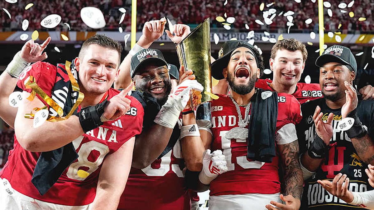  The Indiana football team celebrates after winning the national championship. | Erick W. Rasco/Sports Illustrated 