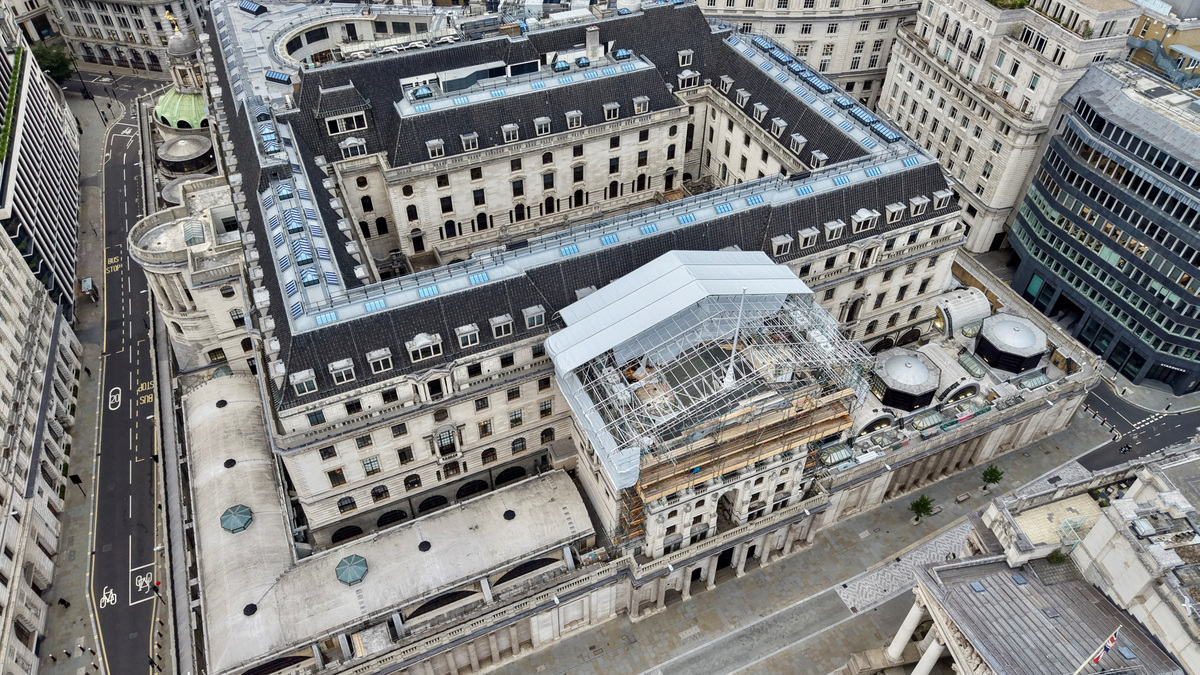 A drone view of the Bank of England building in London, Britain, June 18, 2026. REUTERS/Yann Tessier