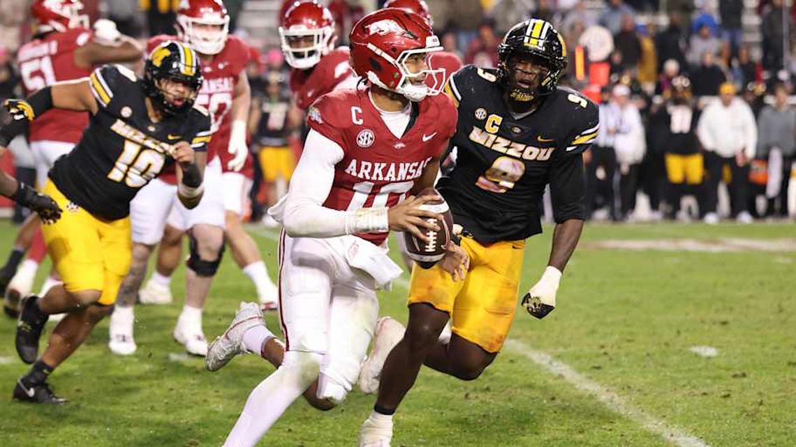  Arkansas quarterback Taylen Green could be a Day 3 NFL draft pick. | Nelson Chenault-Imagn Images 