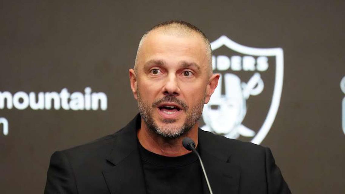  Feb 10, 2026; Henderson, NV, USA; Las Vegas Raiders general manager John Spytek at press conference at Intermountain Health Performance Center. Mandatory Credit: Kirby Lee-Imagn Images | Kirby Lee-Imagn Images 