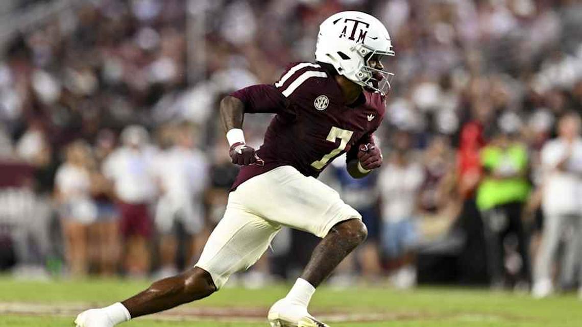  Oct 11, 2025; College Station, Texas, USA; Texas A&M Aggies wide receiver KC Concepcion (7) runs a route during the first half against the Florida Gators at Kyle Field. Mandatory Credit: Maria Lysaker-Imagn Images | Maria Lysaker-Imagn Images 