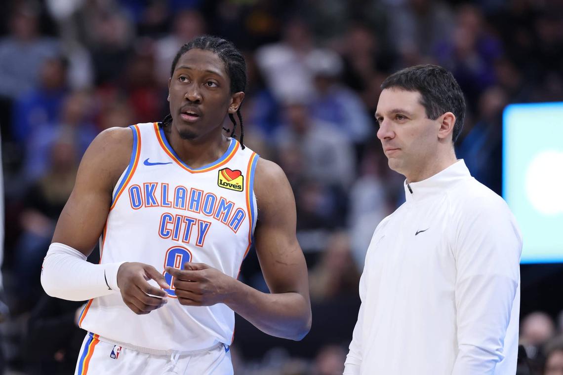  Oklahoma City Thunder forward Jalen Williams speaks with head coach Mark Daigneault during their game against the Utah Jazz at Delta Center on Feb. 6, 2024. Rob Gray-Imagn Images