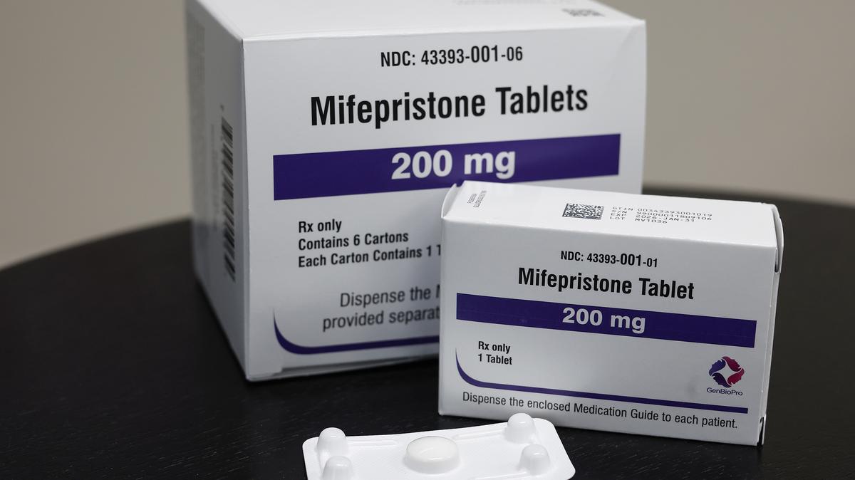 Packages of Mifepristone tablets are displayed at a family planning clinic on April 13, 2023, in Rockville, Maryland.  (Photo illustration by Anna Moneymaker/Getty Images/TNS)