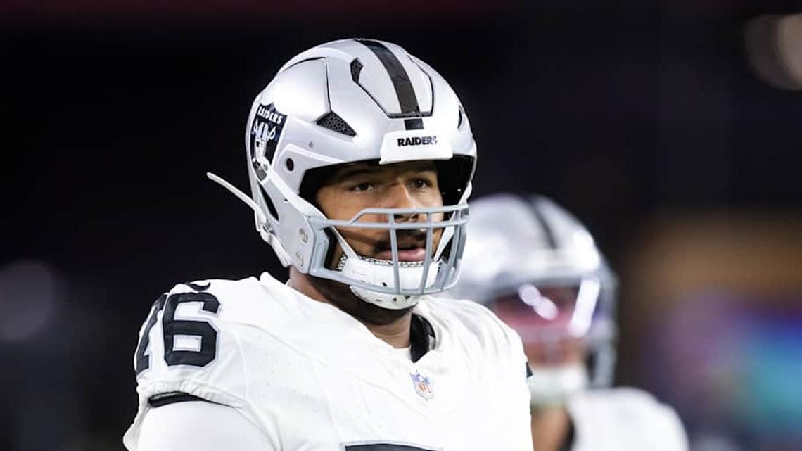  Aug 23, 2025; Glendale, Arizona, USA; Las Vegas Raiders guard Caleb Rogers (76) against the Arizona Cardinals during a preseason NFL game at State Farm Stadium. Mandatory Credit: Mark J. Rebilas-Imagn Images | Mark J. Rebilas-Imagn Images 