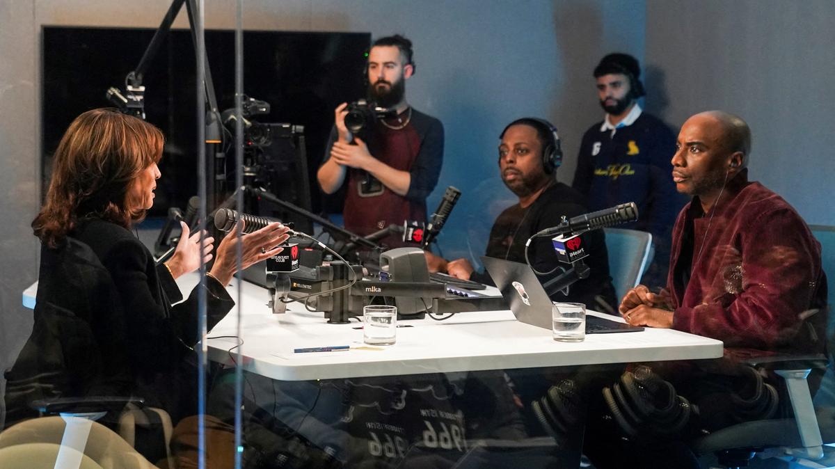FILE PHOTO: Democratic presidential nominee U.S. Vice President Kamala Harris participates in a "town hall" with radio host Charlamagne Tha God, in Detroit, Michigan, U.S., October 15, 2024.REUTERS/Kevin Lamarque/File Photo