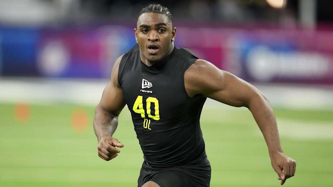  Feb 26, 2026; Indianapolis, IN, USA; Texas Tech defensive lineman Romello Height (DL40) during the NFL Scouting Combine at Lucas Oil Stadium. Mandatory Credit: Kirby Lee-Imagn Images | Kirby Lee-Imagn Images 