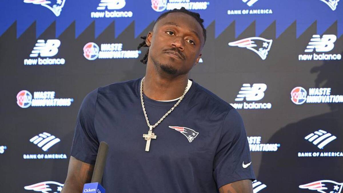  Jun 2, 2026; Foxborough, MA, USA; New England Patriots wide receiver A.J. Brown (1) speaks at a press conference after practice at the team's OTA at Gillette Stadium. Mandatory Credit: Eric Canha-Imagn Images | Eric Canha-Imagn Images 