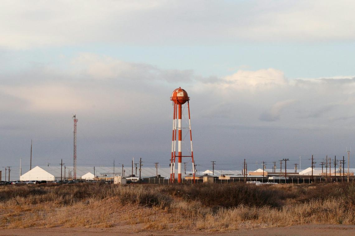  Hardened tents are seen at the Camp East Montana immigrant detention center near El Paso, Texas, on Feb. 13, 2026. AP Photo/Morgan Lee 