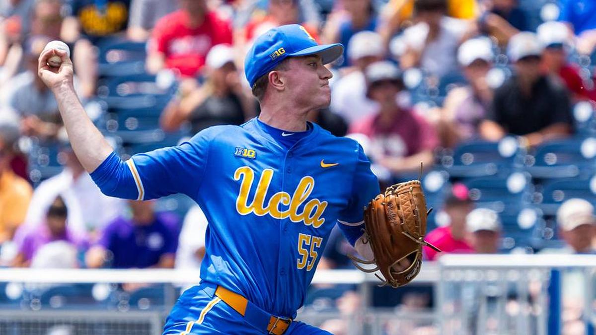  Jun 14, 2025; Omaha, Neb, USA; UCLA Bruins starting pitcher Michael Barnett (55) pitches against the Murray State Racers during the first inning at Charles Schwab Field. Mandatory Credit: Dylan Widger-Imagn Images | Dylan Widger-Imagn Images 
