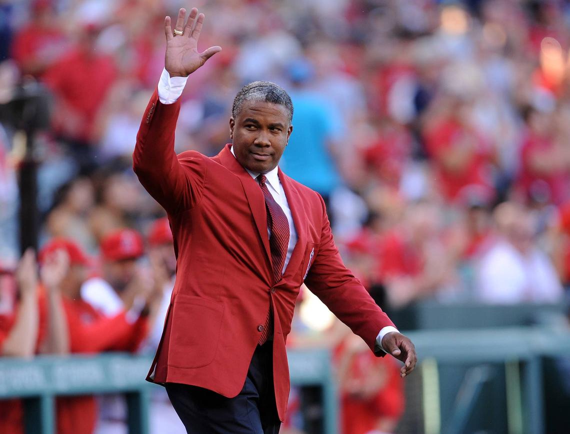  August 20, 2016; Anaheim, CA, USA; Former Los Angeles Angels player Garret Anderson acknowledges spectators before being introduced for induction into the Angels hall of fame at Angel Stadium of Anaheim. Mandatory Credit: Gary A. Vasquez-USA TODAY Sports 