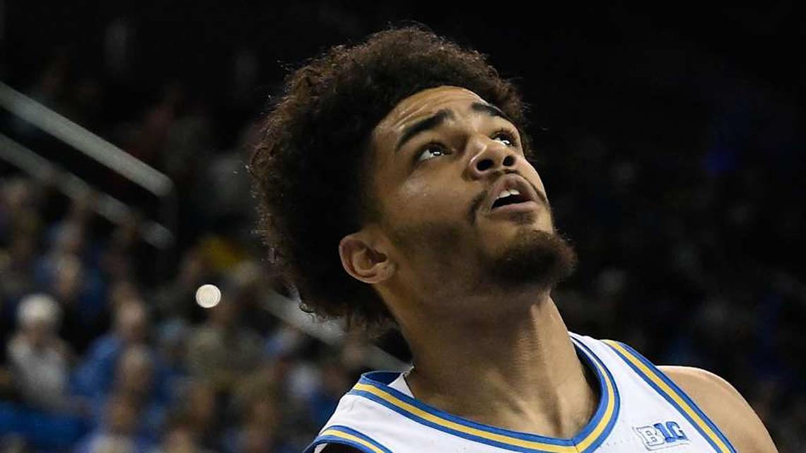 Mar 3, 2026; Los Angeles, California, USA; UCLA Bruins guard Eric Freeny (8) and Nebraska Cornhuskers forward Rienk Mast (51) jockey for rebounding position during the 1st half at Pauley Pavilion presented by Wescom Financial. Mandatory Credit: Robert Hanashiro-Imagn Images | Robert Hanashiro-Imagn Images 