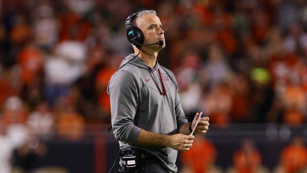  Oct 26, 2024; Miami Gardens, Florida, USA; Florida State Seminoles head coach Mike Norvell looks on from field against the Miami Hurricanes during the fourth quarter at Hard Rock Stadium. Mandatory Credit: Sam Navarro-Imagn Images | Sam Navarro-Imagn Images 
