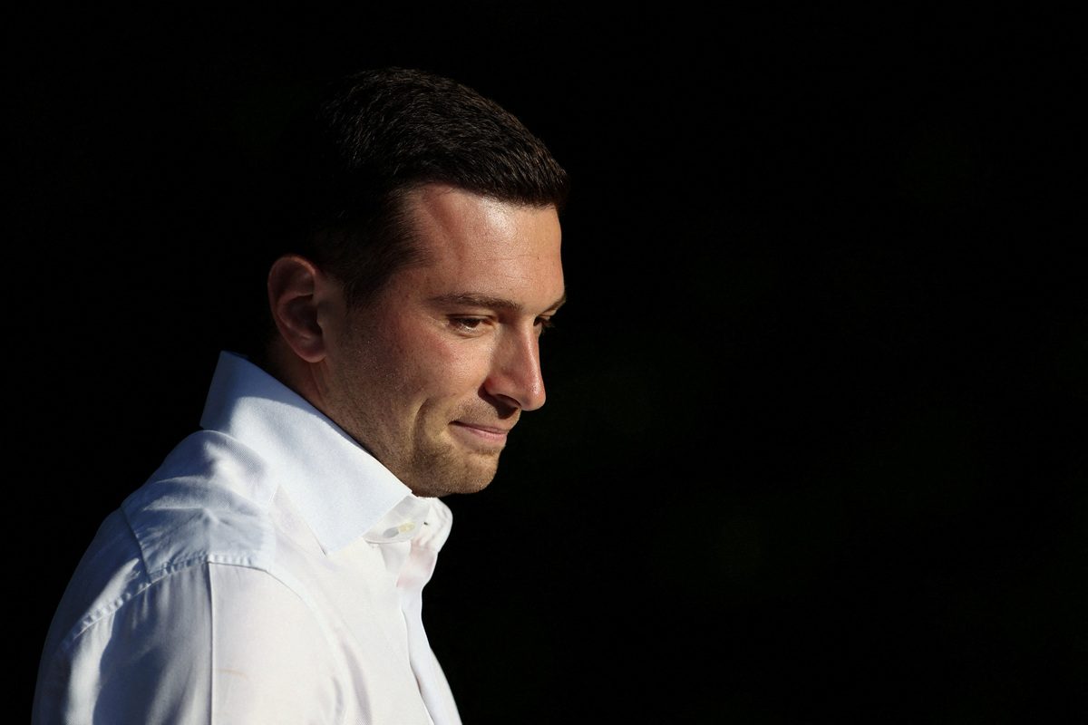 Jordan Bardella, president of the French far-right Rassemblement National (National Rally - RN) political party, delivers a speech in front of supporters during a country fair in Lievin, northern France, July 4, 2026. REUTERS/Tom Nicholson