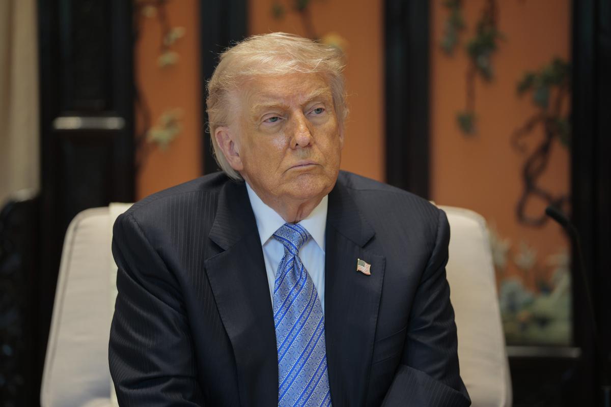  President Donald Trump looks on during a meeting with Chinese President Xi Jinping (not pictured) on the sidelines of a visit to Zhongnanhai Garden on May 15, 2026, in Beijing, China. (Photo by Evan Vucci-Pool/Getty Images) 
