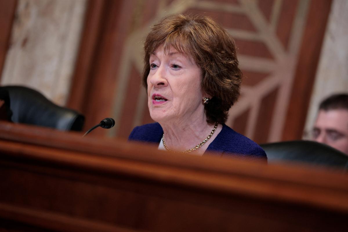 Sen. Susan Collins (R-ME) speaks during a Senate Appropriations Homeland Security Subcommittee hearing with U.S. Homeland Security Secretary Markwayne Mullin on the president's proposed FY2027 budget request for the Department of Homeland Security, on Capitol Hill in Washington, D.C., U.S., June 2, 2026. REUTERS/Evan Vucci