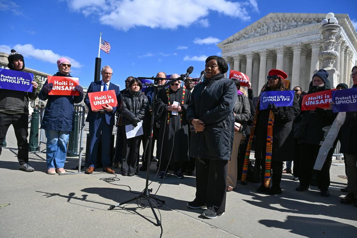  Advocates for Haitians holding temporary protected status appear at a press conference on March 16, 2026, in front of the Supreme Court, which has agreed to rule through its shadow docket on whether they can remain in the U.S. Roberto Schmidt/AFP via Getty Images 