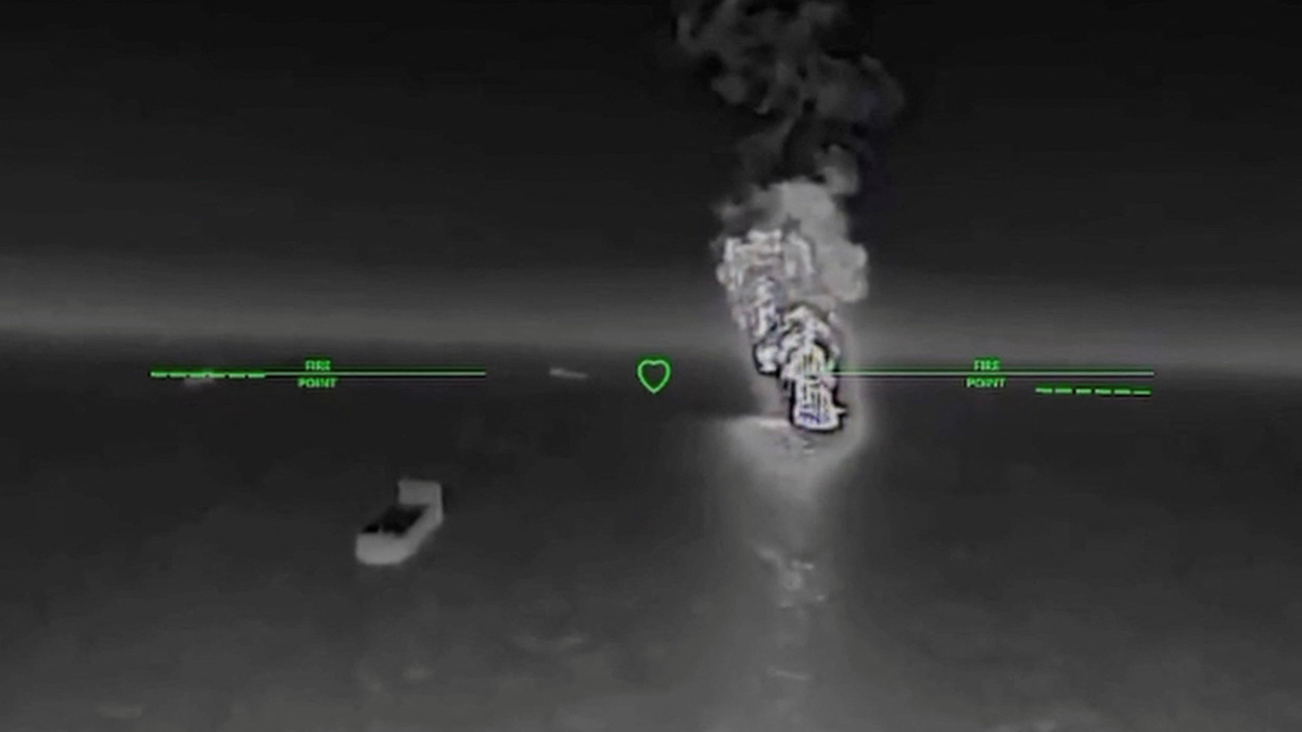 Smoke rises after what the Ukranian authorities say was during a strike as Ukrainian UAVs hit a Russian dark fleet tanker at a location given as Sea of Azov in this screengrab taken from a handout video released on July 7, 2026. Commander of Unmanned Aerial Systems Force/Handout via REUTERS
