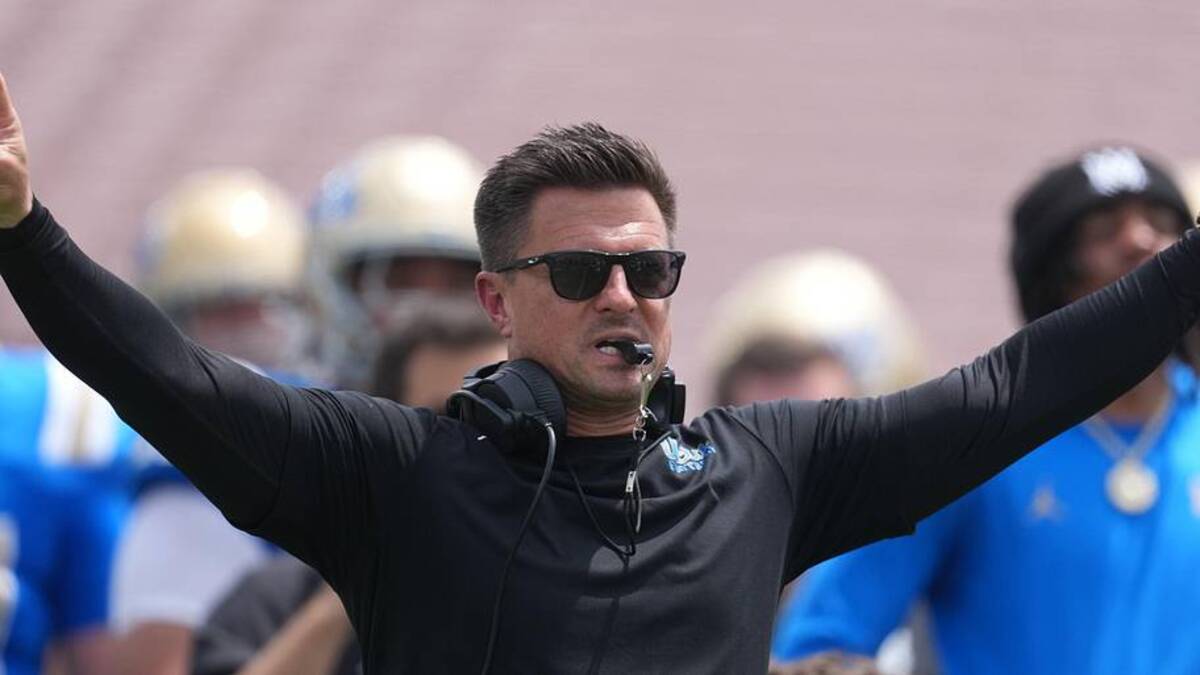  May 2, 2026; Pasadena, CA, USA; UCLA Bruins coach Bob Chesney reacts during the spring game at Rose Bowl. Mandatory Credit: Kirby Lee-Imagn Images | Kirby Lee-Imagn Images 