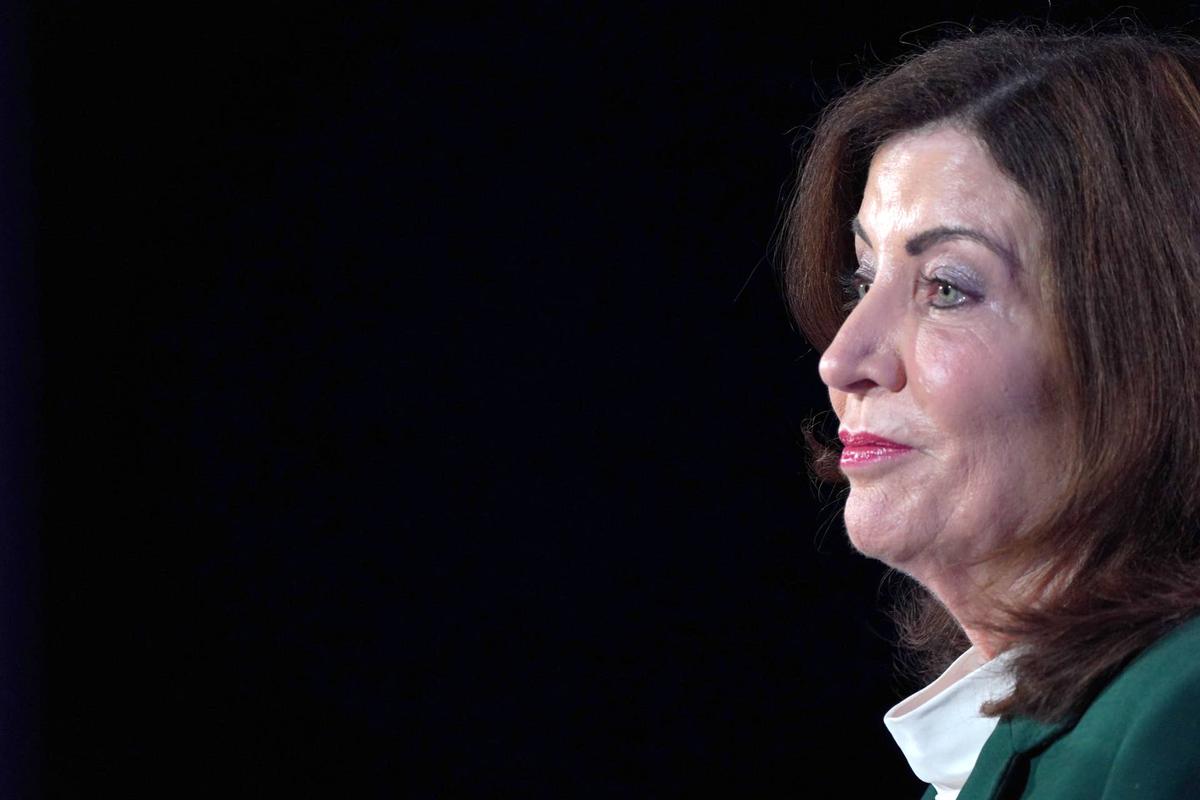  NEW YORK, NEW YORK - SEPTEMBER 19: Governor of New York, Governor, State of New York T.H. Kathy Hochul speaks onstage at the 2023 Concordia Annual Summit at Sheraton New York on September 19, 2023 in New York City. (Photo by Leigh Vogel/Getty Images for Concordia Summit) 