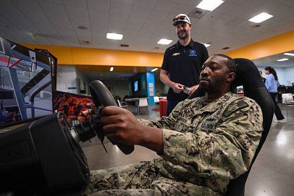  Shane van Gisbergen Coaches Up US Navy Members in a NASCAR Simulator. (Photo by Orlando Ramirez/Getty Images) (Photo by Orlando Ramirez/Getty Images)