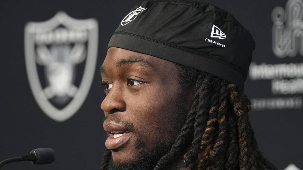  May 20, 2026; Henderson, NV, USA; Las Vegas Raiders running back Ashton Jeanty (2) speaks during a news conference during organized team activities at Intermountain Health Performance Center. Mandatory Credit: Candice Ward-Imagn Images | Candice Ward-Imagn Images 