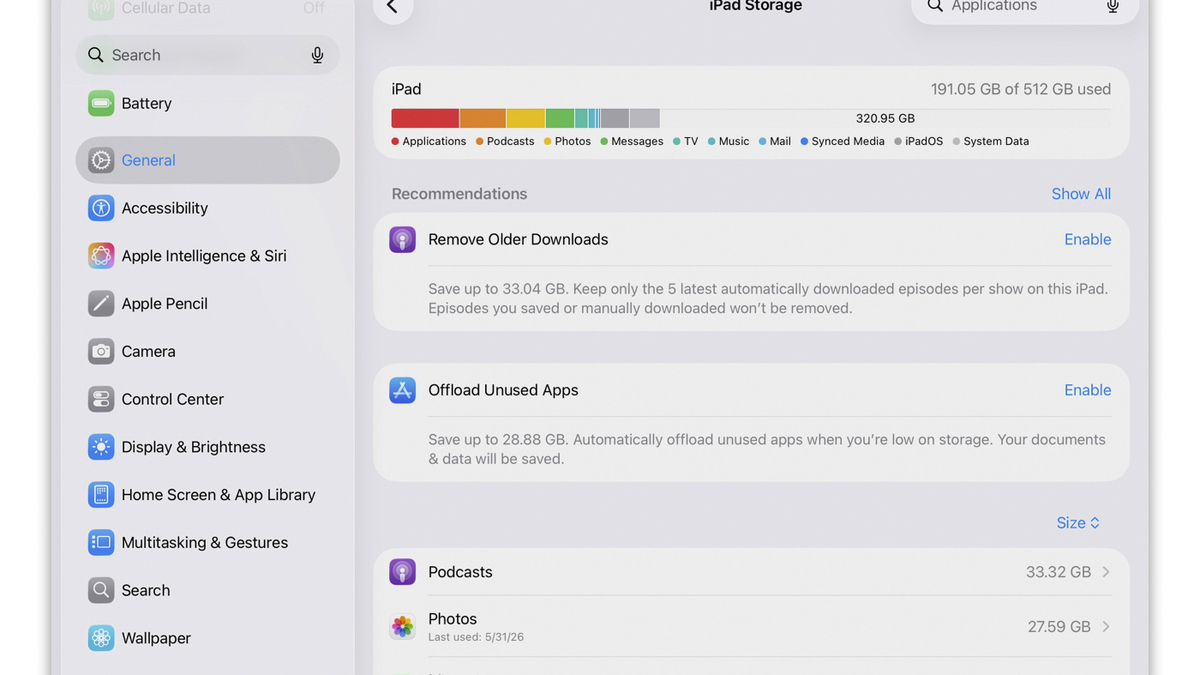 In an undated image from Apple, the device Storage settings menu. If you need space back on your phone or tablet, removing built-in and unused apps can help free up storage and reduce screen clutter.