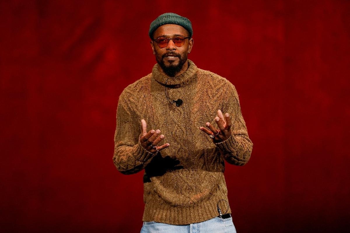LaKeith Stanfield, a cast member in the upcoming film "I Love Boosters," speaks during the state of the industry and Neon presentation at CinemaCon, the official convention of Cinema United, in Las Vegas, Nevada, U.S., April 14, 2026. REUTERS/Caroline Brehman