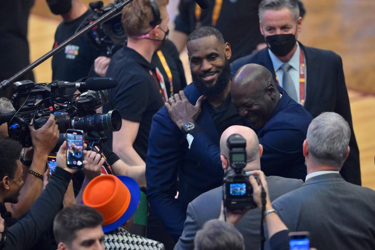  Lebron James and Michael Jordan on the court during halftime of the 2022 NBA All-Star Game at Rocket Mortgage FieldHouse. David Richard-Imagn Images