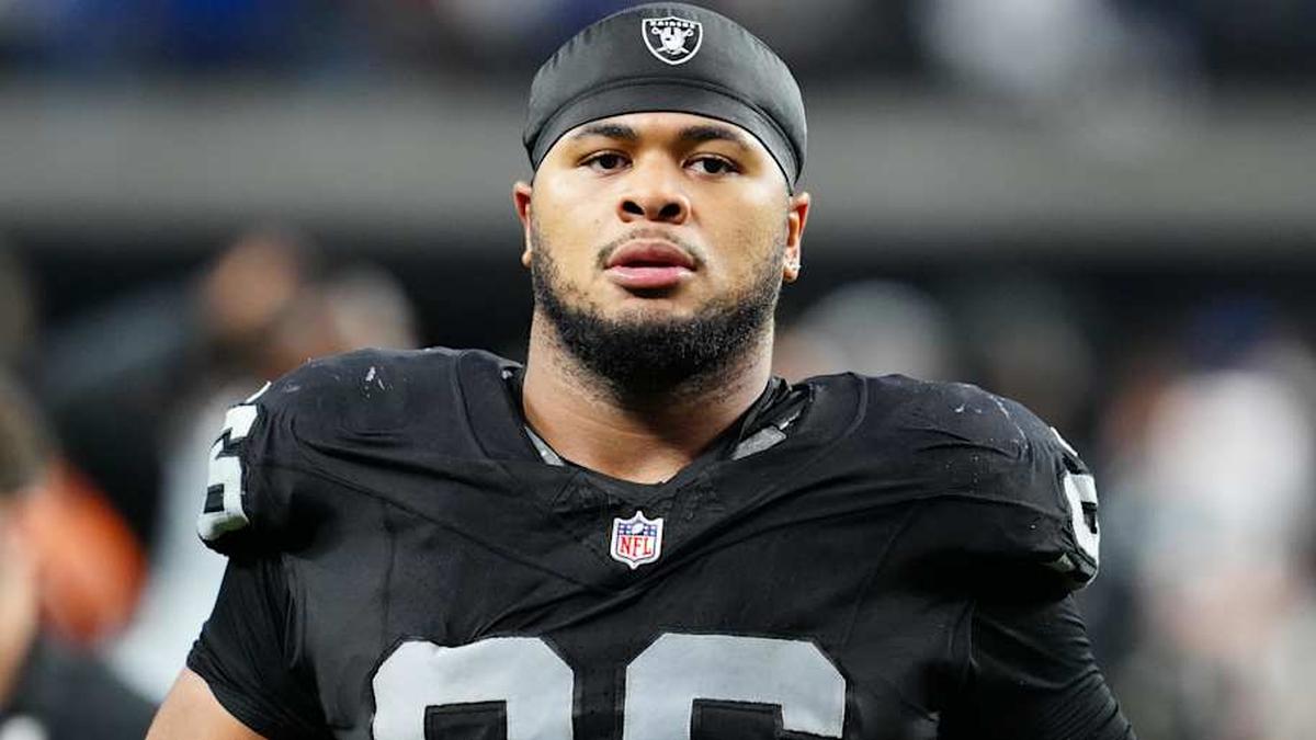 Dec 28, 2025; Paradise, Nevada, USA; Las Vegas Raiders defensive tackle Jonah Laulu (96) exits the field after the game against the New York Giants at Allegiant Stadium. Mandatory Credit: Stephen R. Sylvanie-Imagn Images | Stephen R. Sylvanie-Imagn Images 