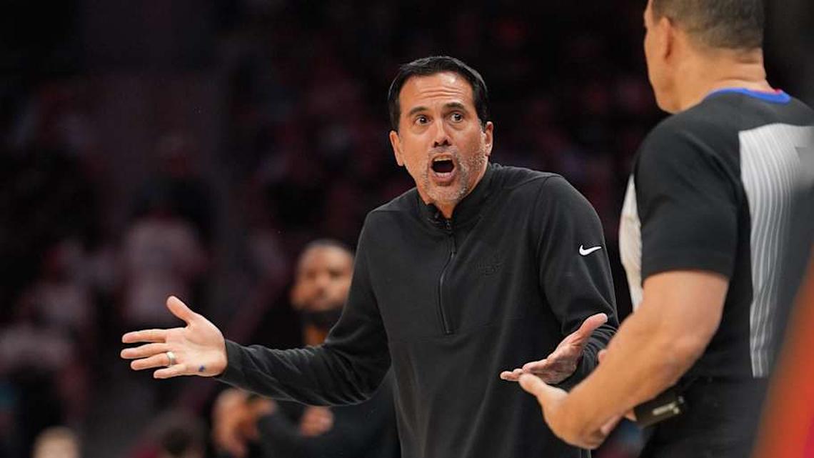  Apr 14, 2026; Charlotte, North Carolina, USA; Miami Heat Head Coach Erik Spoelstra objects to a call during the second quarter during the play-in rounds between the Charlotte Hornets and the Miami Heat of the 2026 NBA Playoffs at Spectrum Center. Mandatory Credit: Jim Dedmon-Imagn Images | Jim Dedmon-Imagn Images 