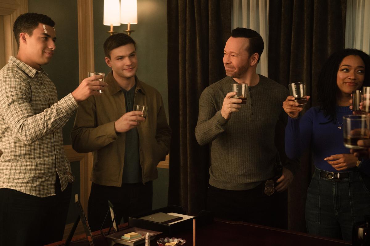 Marcus Scribner as Jonah Silver,Mika Amonsen as Sean Reagan, Donnie Wahlberg as Danny Reagan, and Sonequa Martin-Green as Lena Silver, Boston Blue, 2026John Medland /CBS ©2025 CBS Broadcasting, Inc. All Rights Reserved.