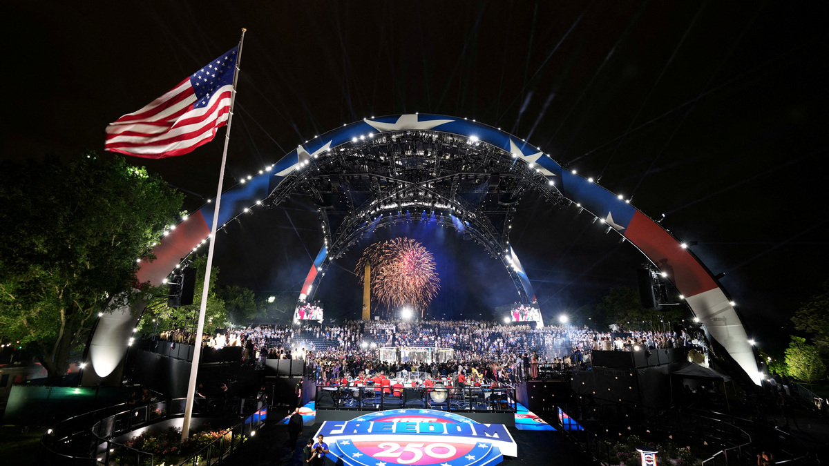 FILE PHOTO: Fireworks explode during UFC Freedom 250, on the South Lawn of the White House, in Washington, D.C., U.S., June 15, 2026,      Jacquelyn Martin/Pool via REUTERS /File Photo