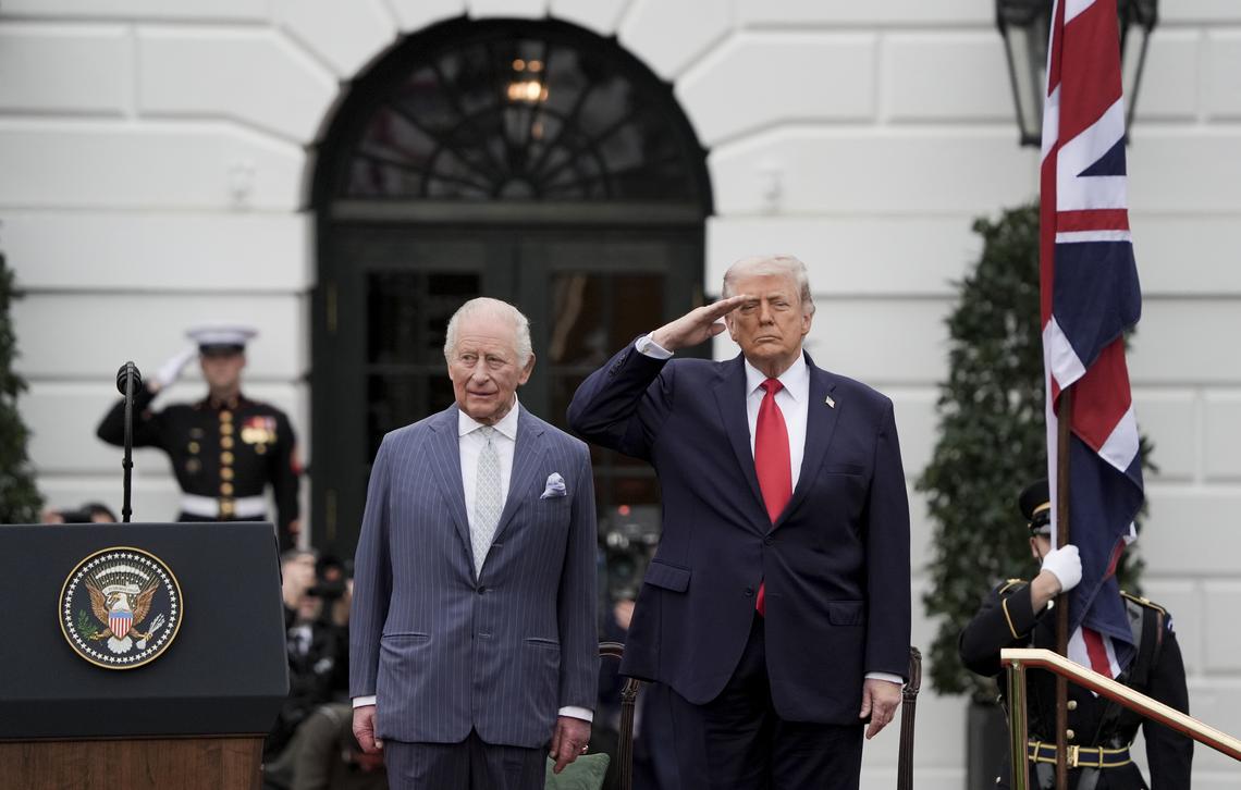 President Donald Trump, right, with King Charles III during an arrival ceremony on the South Lawn of the White House in Washington, on Tuesday, April 28, 2026. (Salwan Georges/The New York Times)